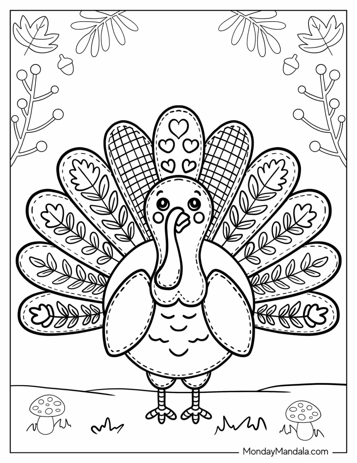 Hand Stitched Turkey Coloring Page with Floral Tail for Kids coloring page
