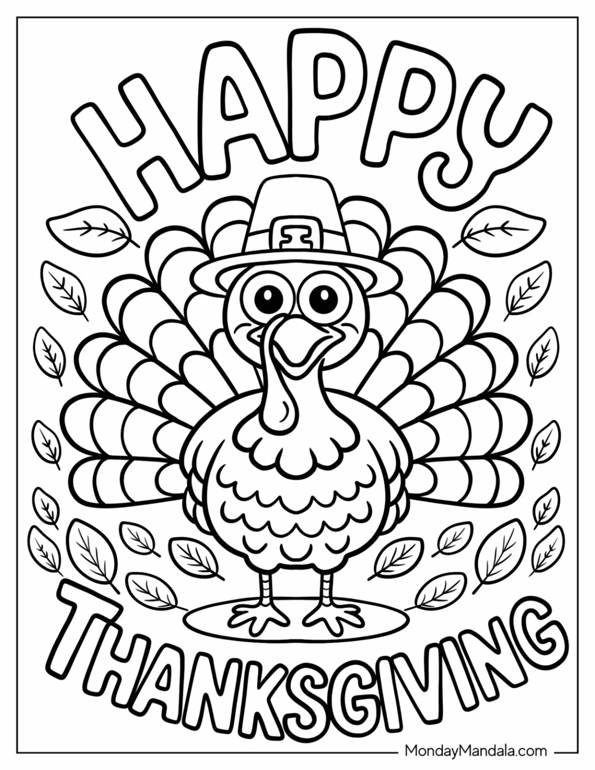 Happy Thanksgiving Turkey Coloring Page with Fall Leaves coloring page — printable line art