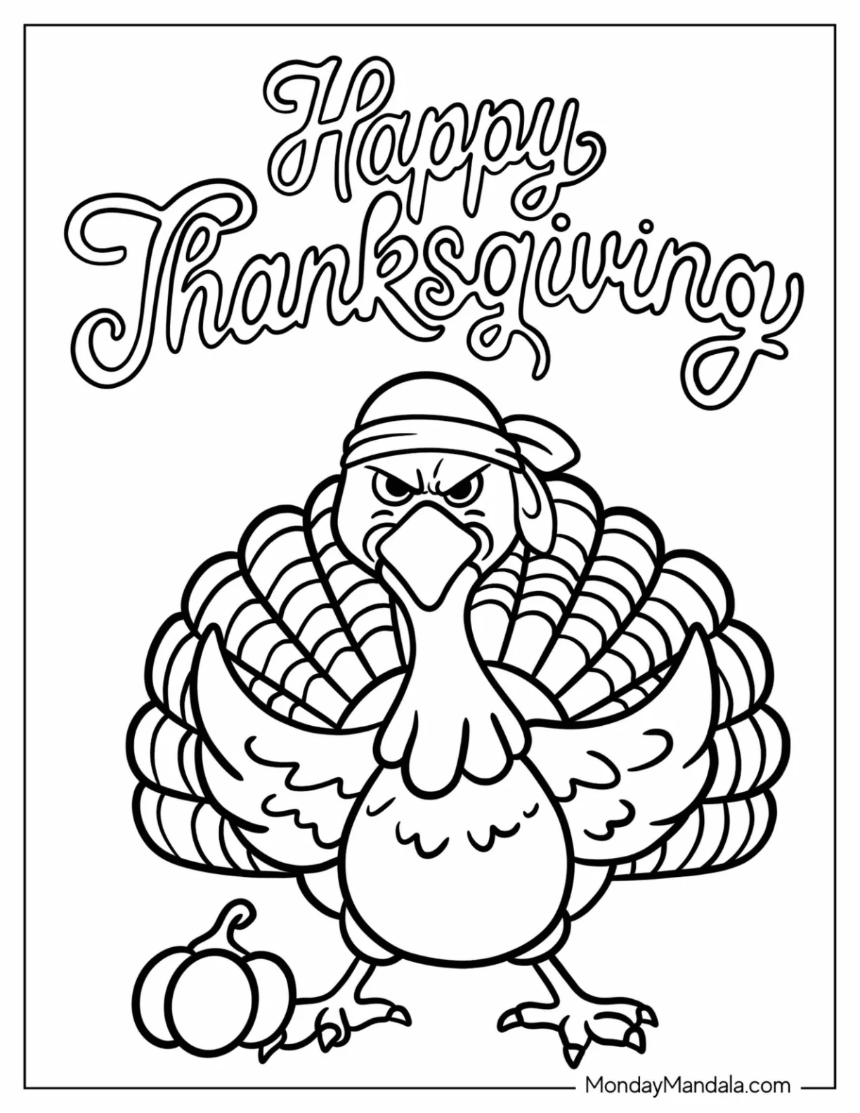 Happy Thanksgiving Words With An Angry Turkey Coloring Page coloring page — printable line art