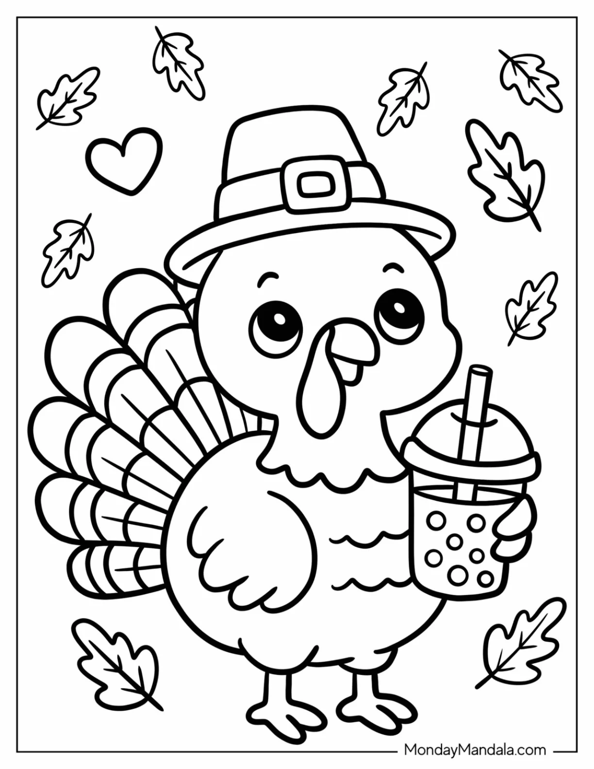 Kawaii Turkey Coloring Page Drinking Boba Tea for Kids coloring page — printable line art