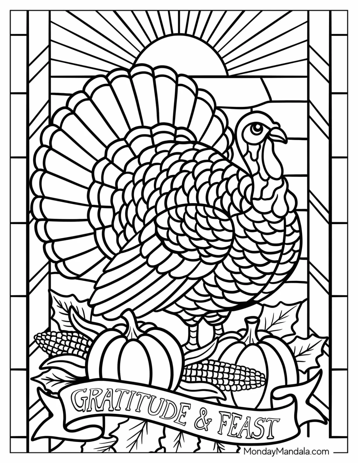 Large Turkey Coloring Page with Fall Harvest and Gratitude Feast Banner coloring page