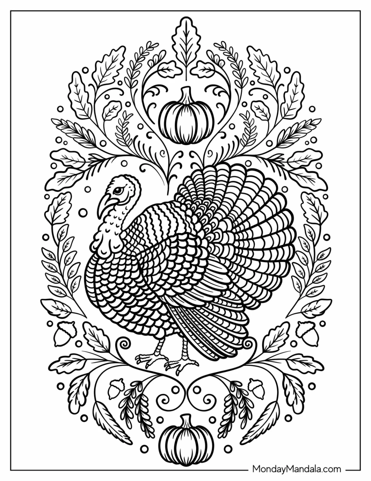 Massive Realistic Turkey Coloring Page Surrounded by Fall Leaves and Pumpkin coloring page — printable line art