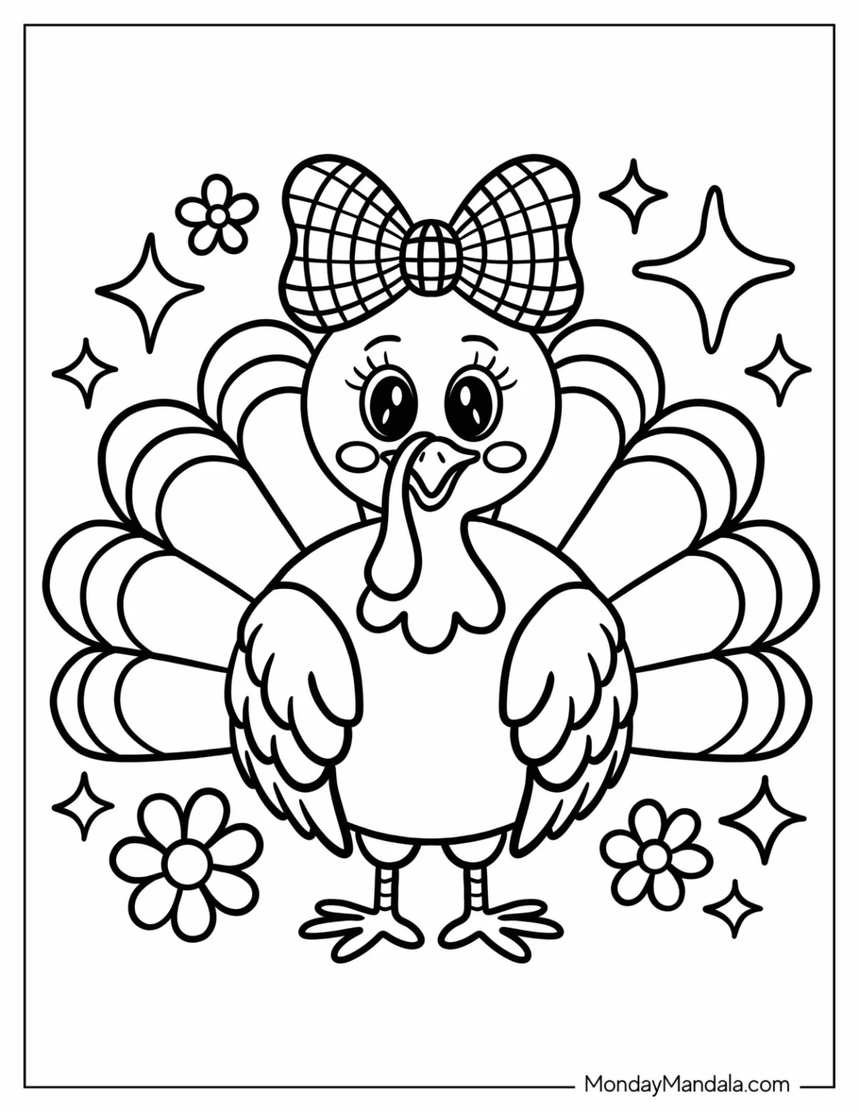 Pretty Little Turkey Coloring Page with a Bow for Kids coloring page