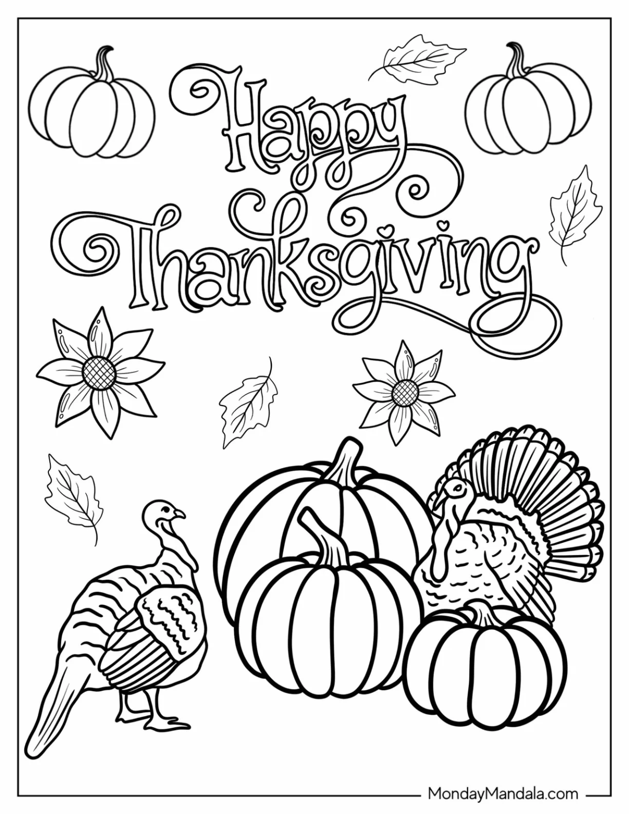 Realistic Turkey Coloring Page Surrounded By Large Pumpkins coloring page — printable line art