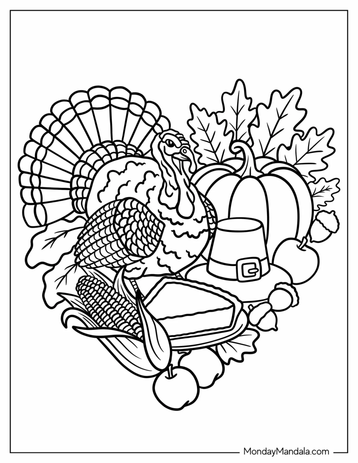 Realistic Turkey Coloring Page with Large Pumpkins, Corn, Apples, and Pilgrim Hat coloring page