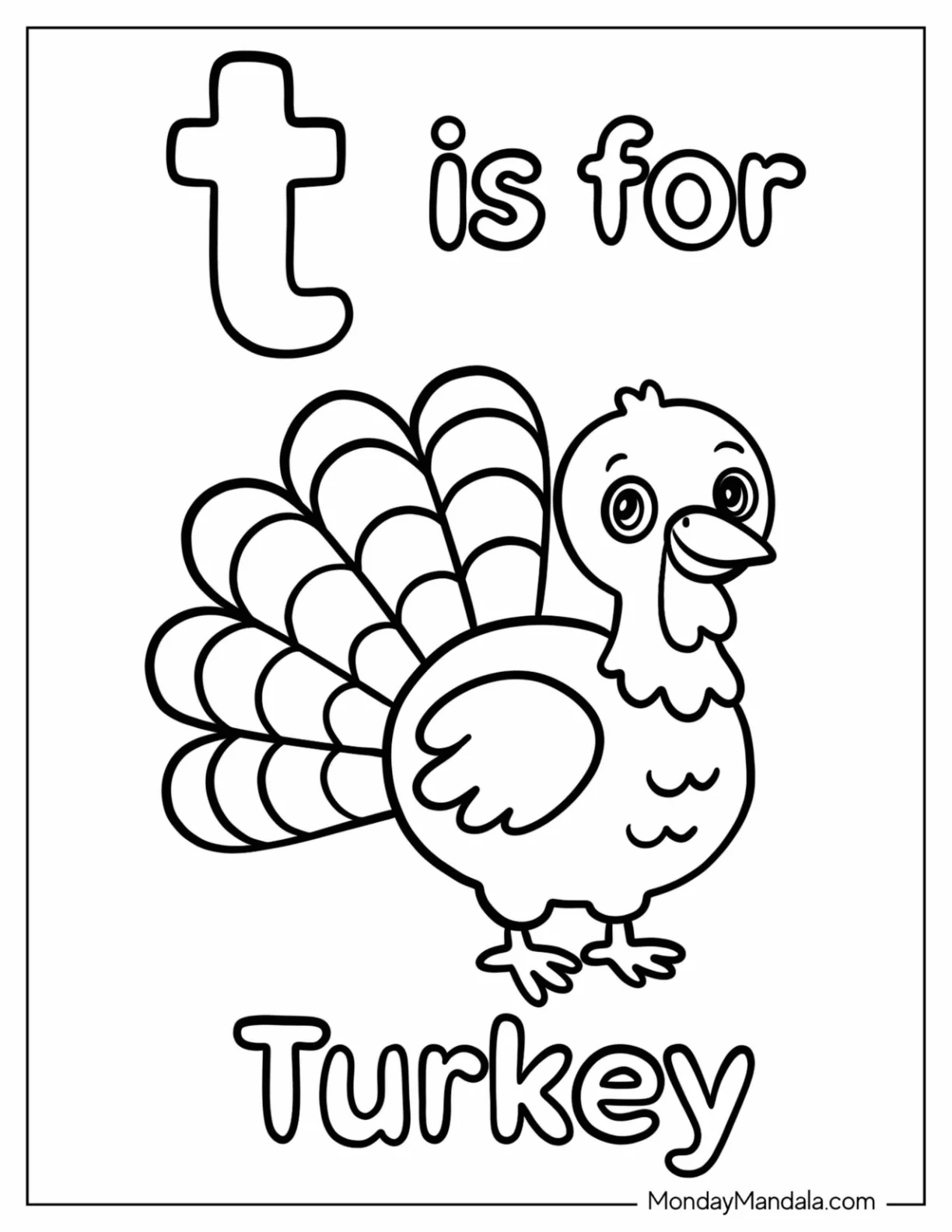 Simple T for Turkey Coloring Page Flashcard for Preschoolers coloring page