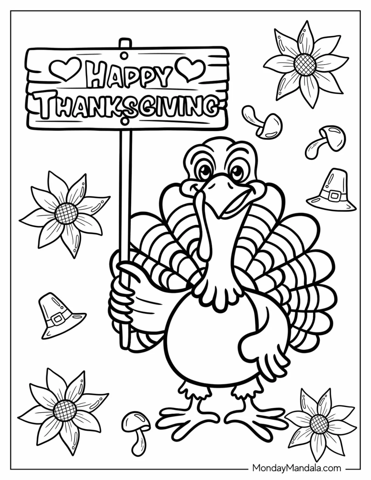 Small Turkey Coloring Page Holding Up A Happy Thanksgiving Sign coloring page — printable line art