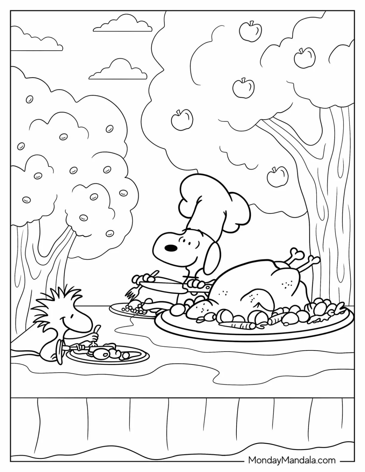 Snoopy And Woodstock Eating Thanksgiving Turkey coloring page