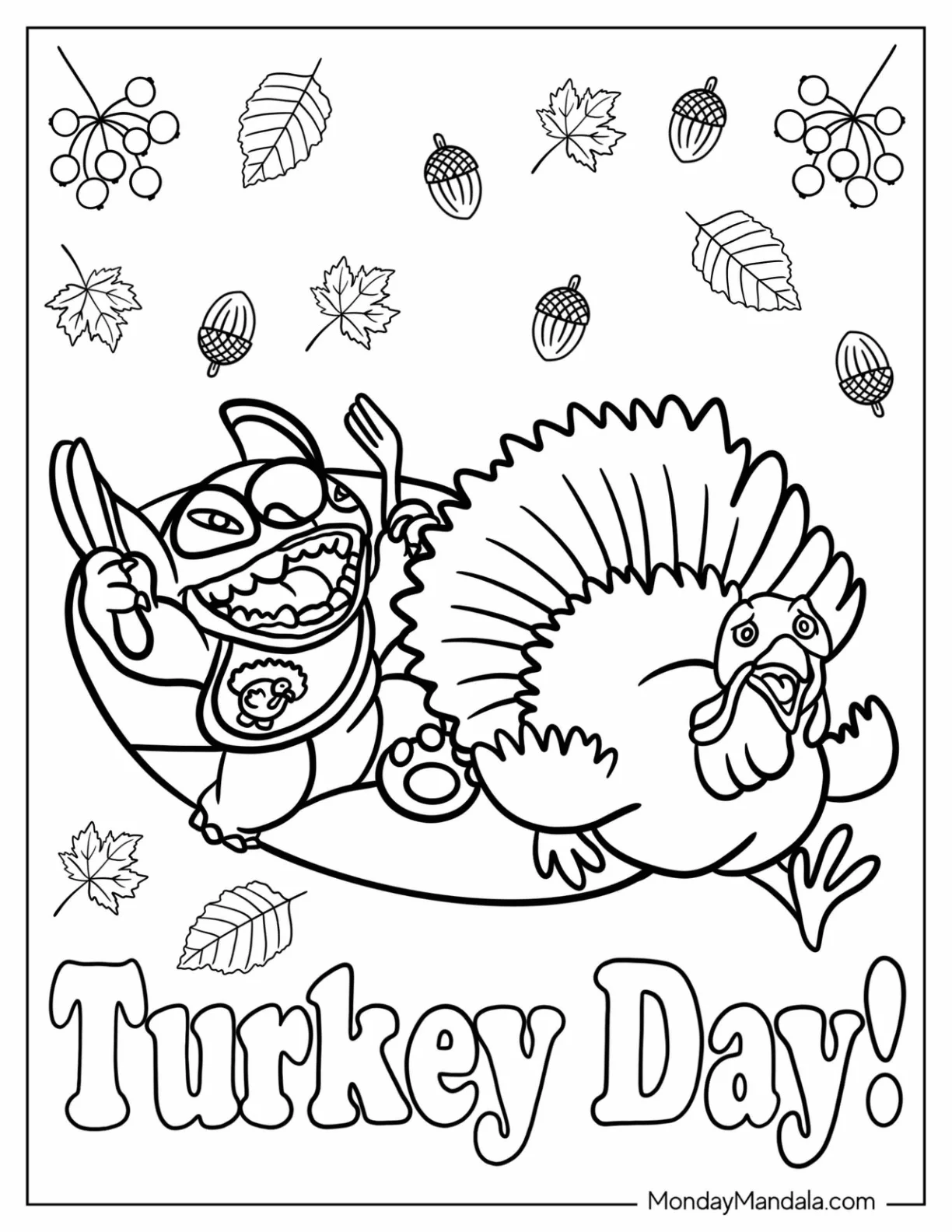 Stitch Chasing A Turkey Coloring Sheet For Kids coloring page — printable line art