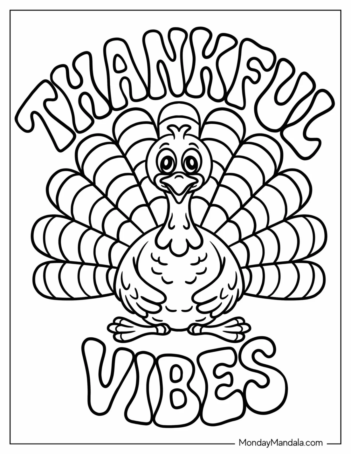 Thankful Vibes Text Around a Turkey Coloring Page coloring page