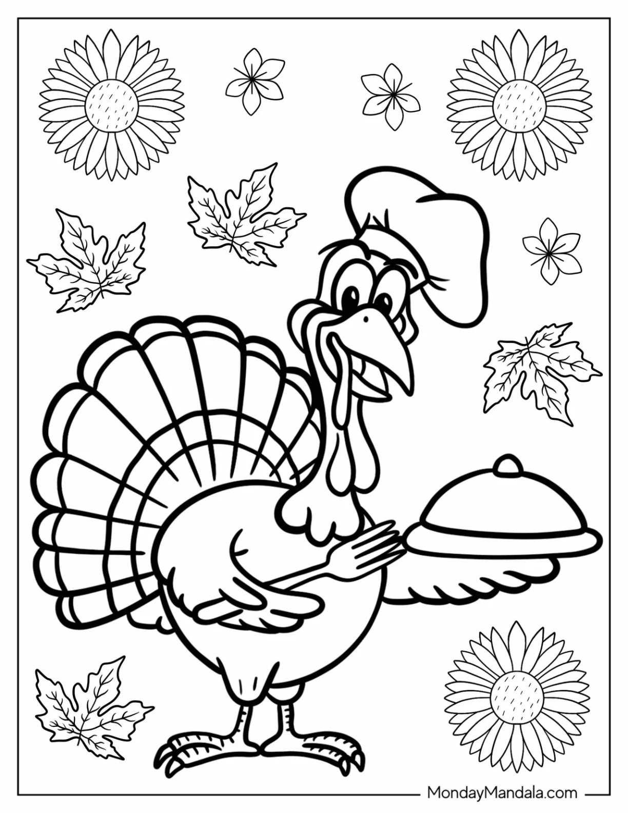 Turkey Chef Serving Dinner Coloring Sheet coloring page — printable line art