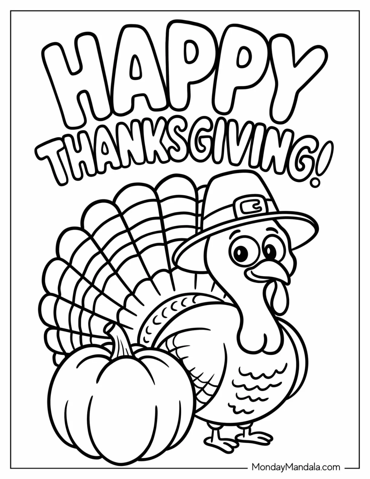 Turkey Coloring Page with Pilgrim s Hat Standing Next to a Pumpkin coloring page