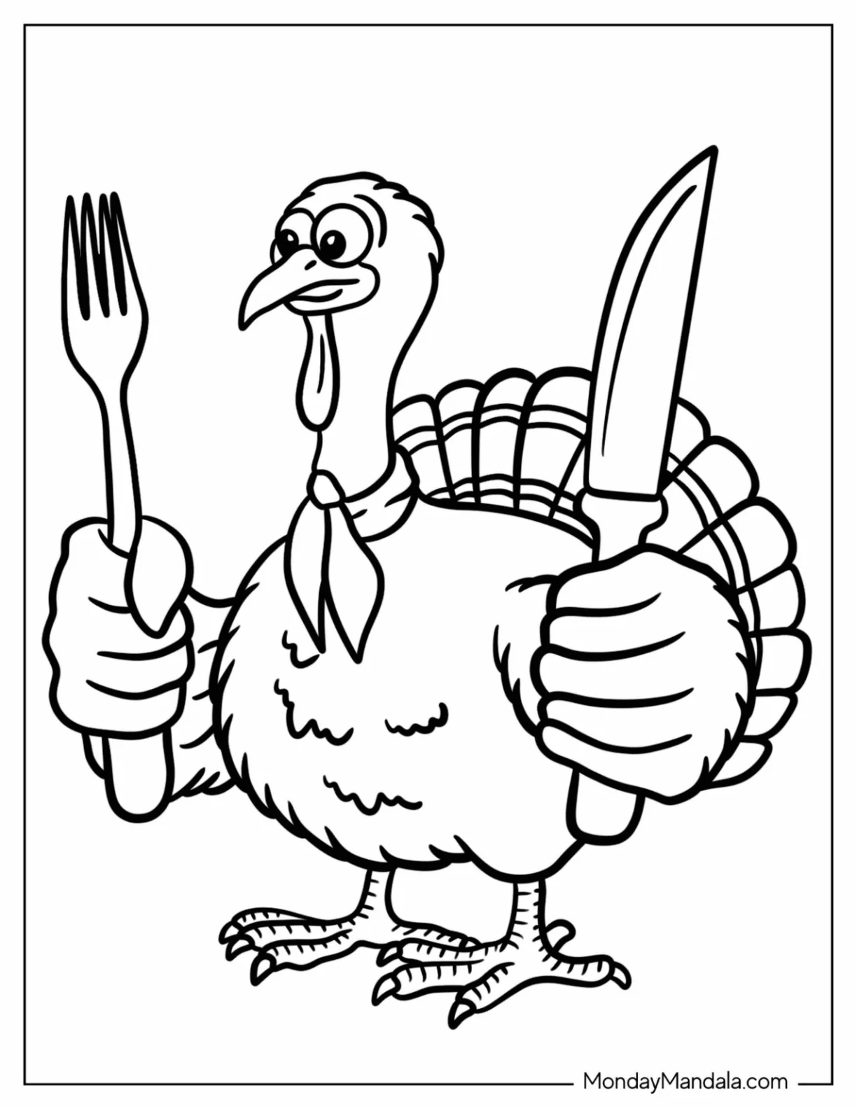 Turkey Holding A Fork And Knife Coloring Page coloring page — printable line art