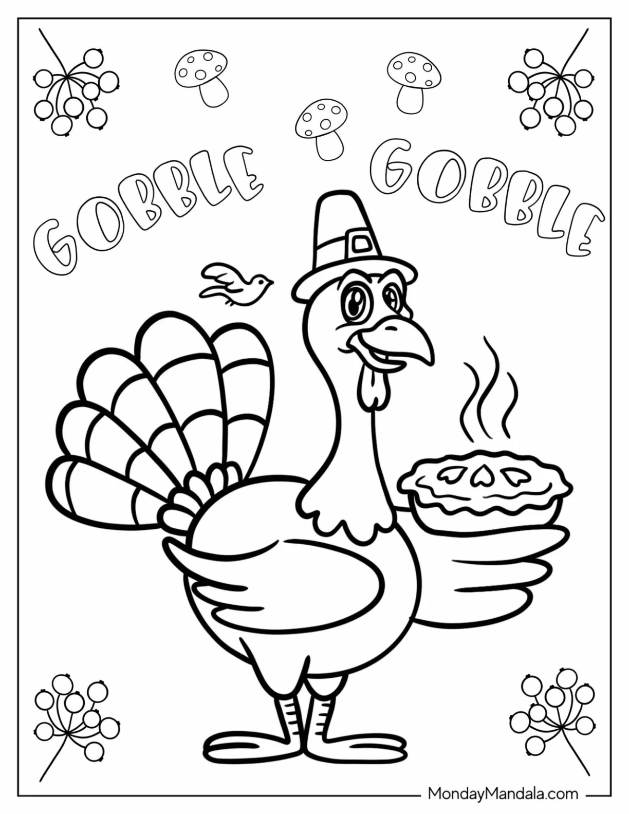 Turkey Holding A Steaming Pie Coloring Page coloring page — printable line art