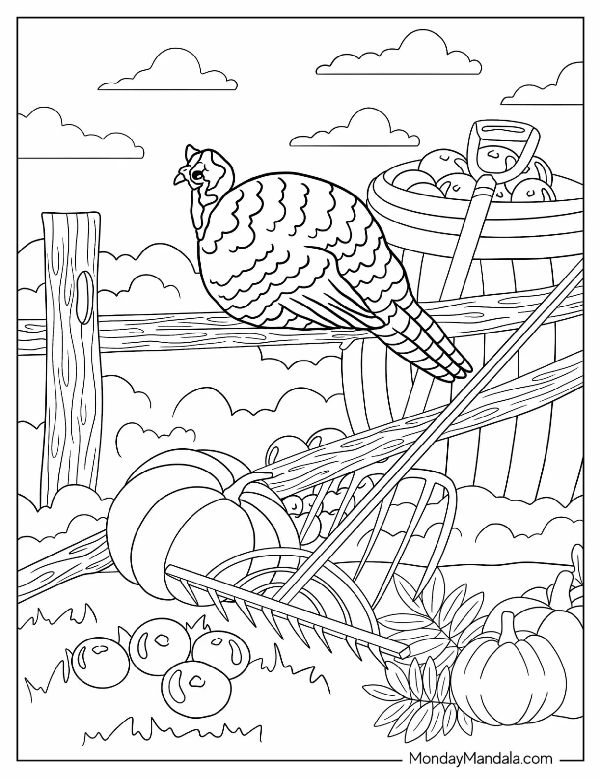 Turkey Sitting On Fence With Pumpkins On The Ground coloring page