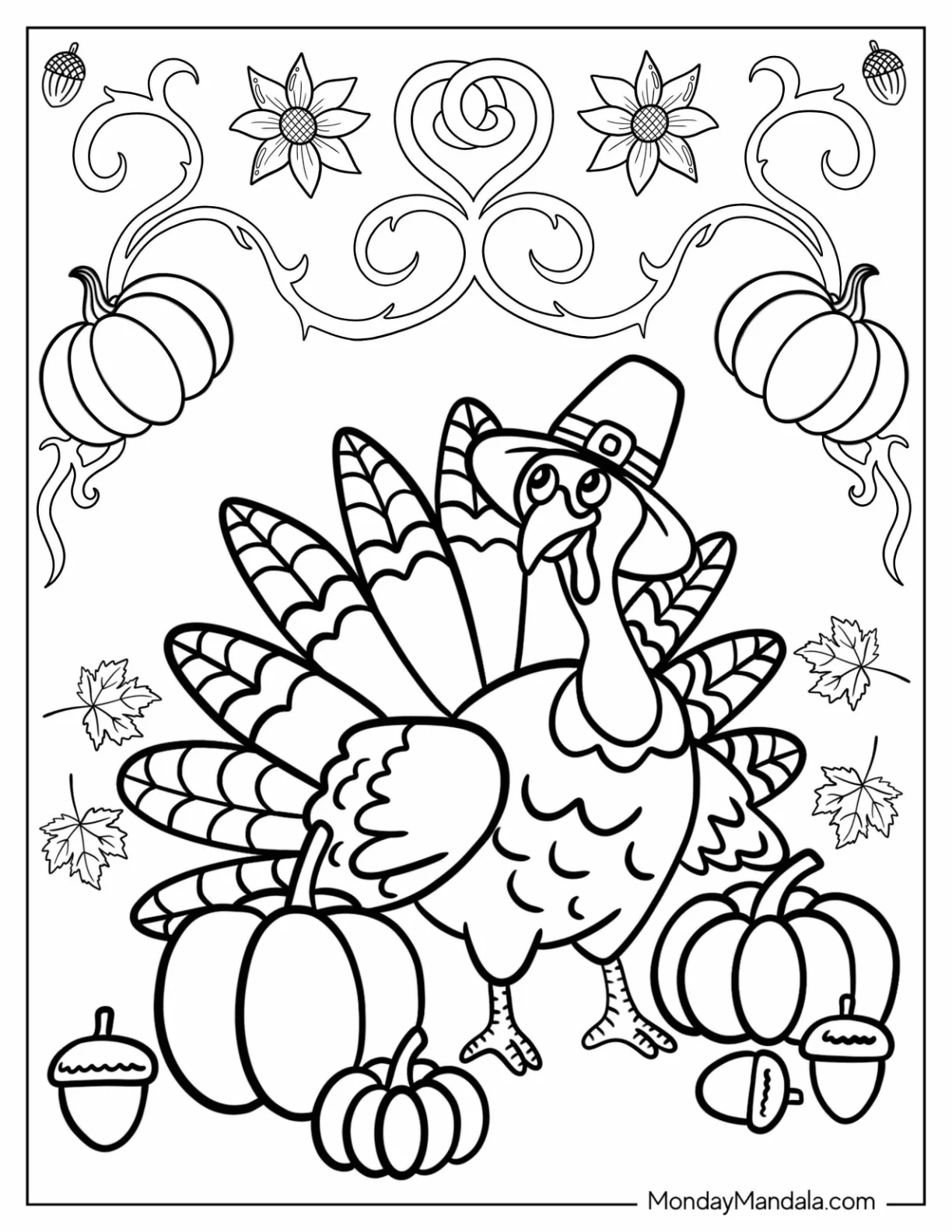 Turkey With Pilgrim s Hat Surrounded By Pumpkins And Acorns coloring page