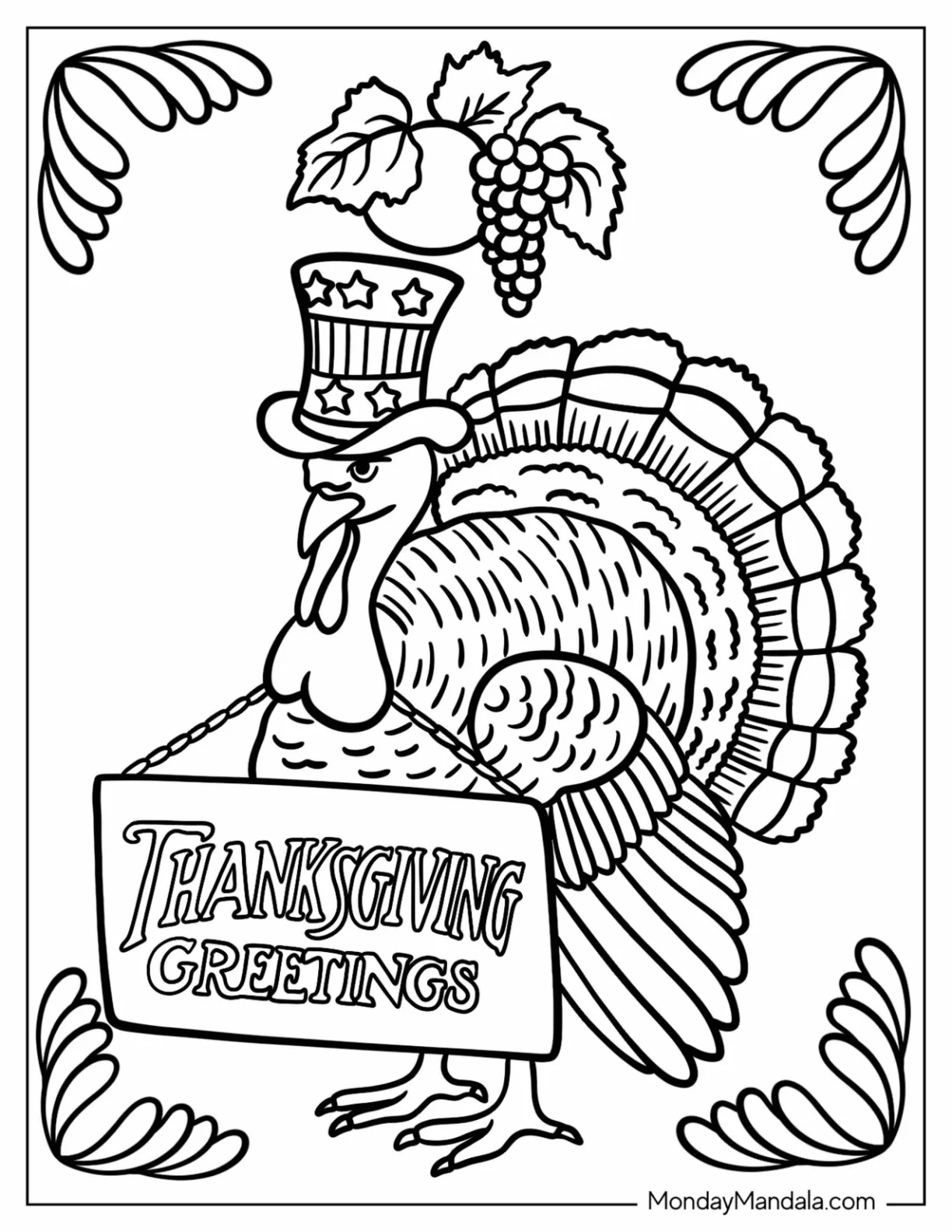 Turkey With Thanksgiving Greeting Sign Coloring Page coloring page — printable line art