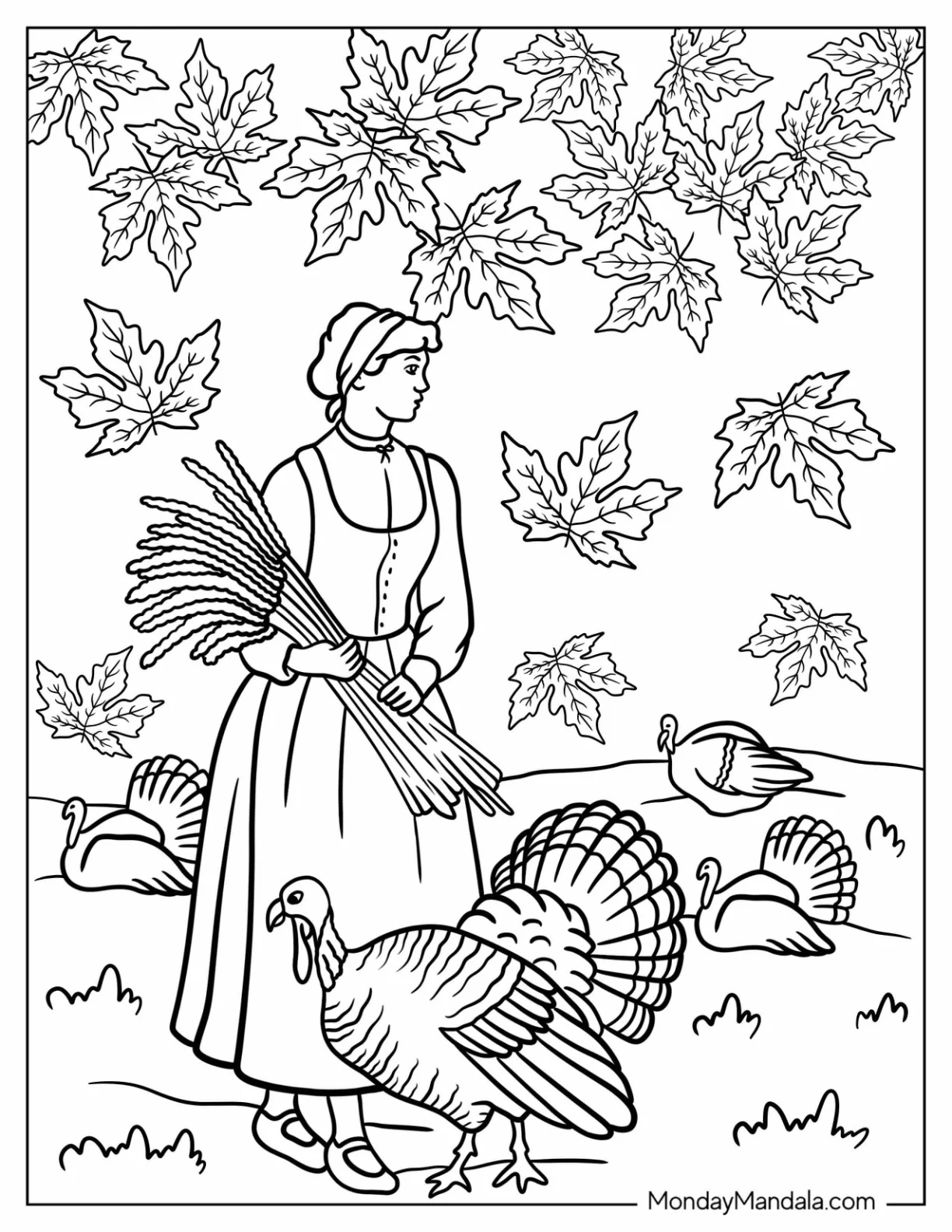 Woman Feeding Turkeys In The Fall coloring page