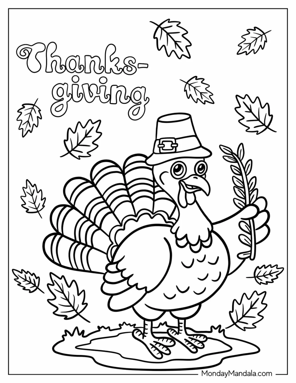 Young Turkey Holding A Leaf Coloring Page For Kids coloring page