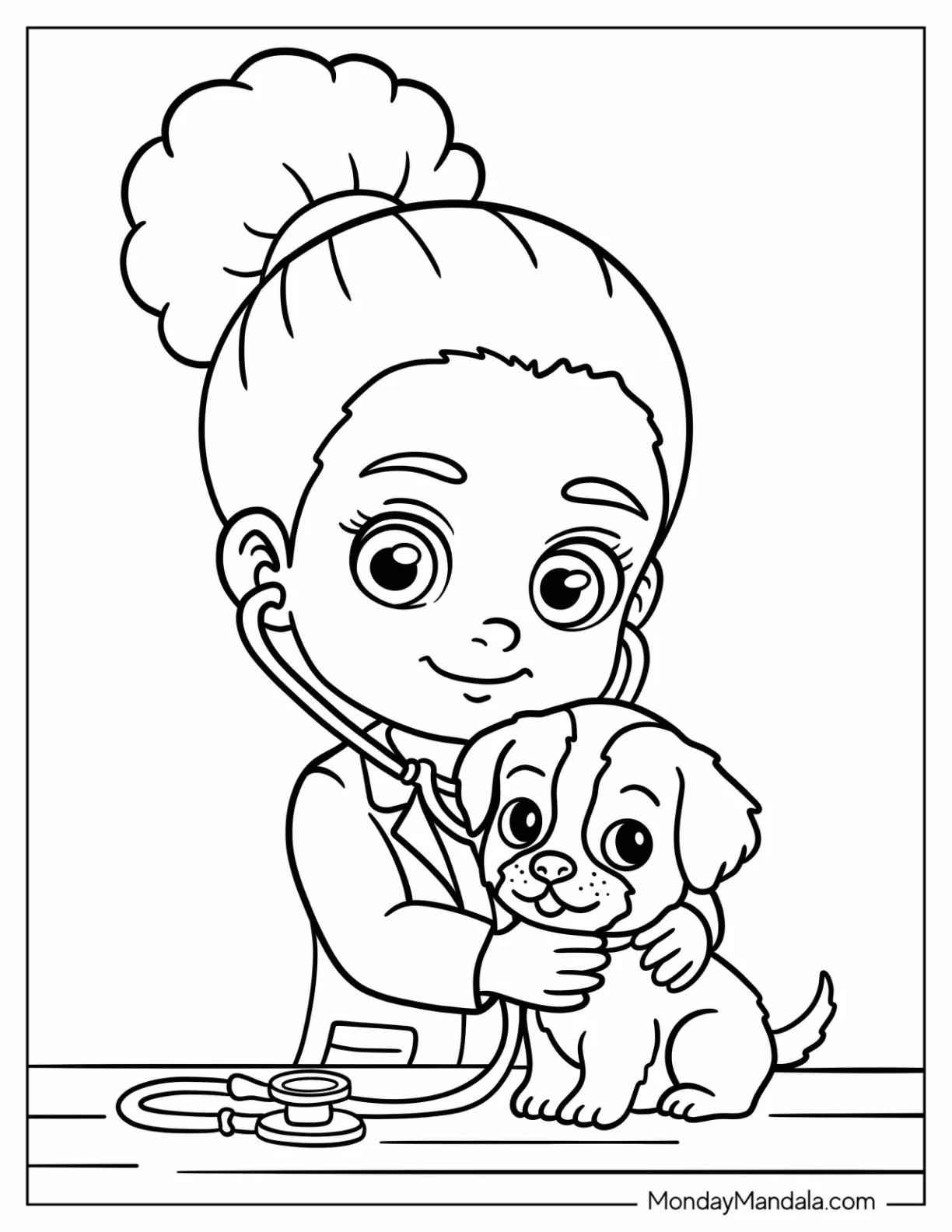 Adorable Black Girl & Boy Coloring Page Veterinarian Holding Puppy for Preschoolers coloring page — printable line art