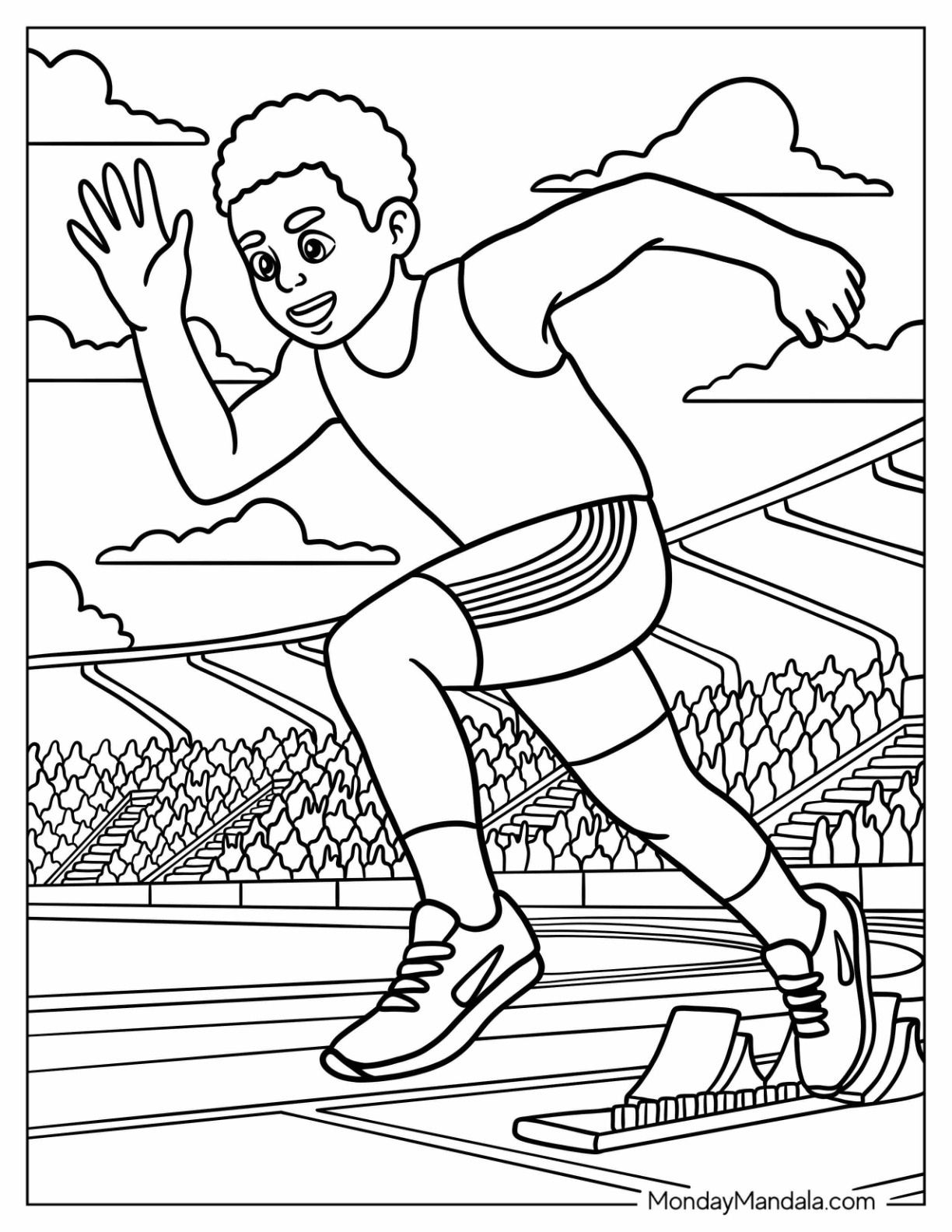 Athletic Black Girl & Boy Coloring Page Running in Stadium for Kids coloring page — printable line art
