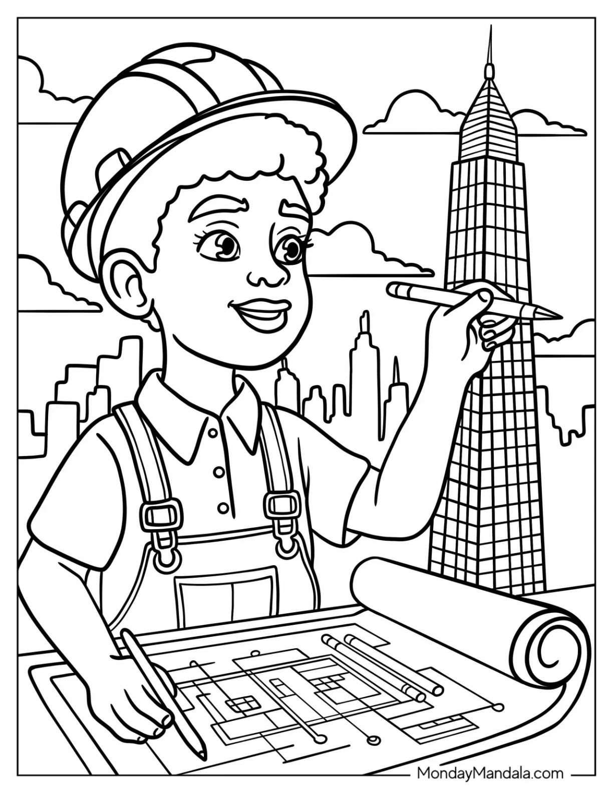 Black Girl & Boy Coloring Page Architect Designing Buildings coloring page