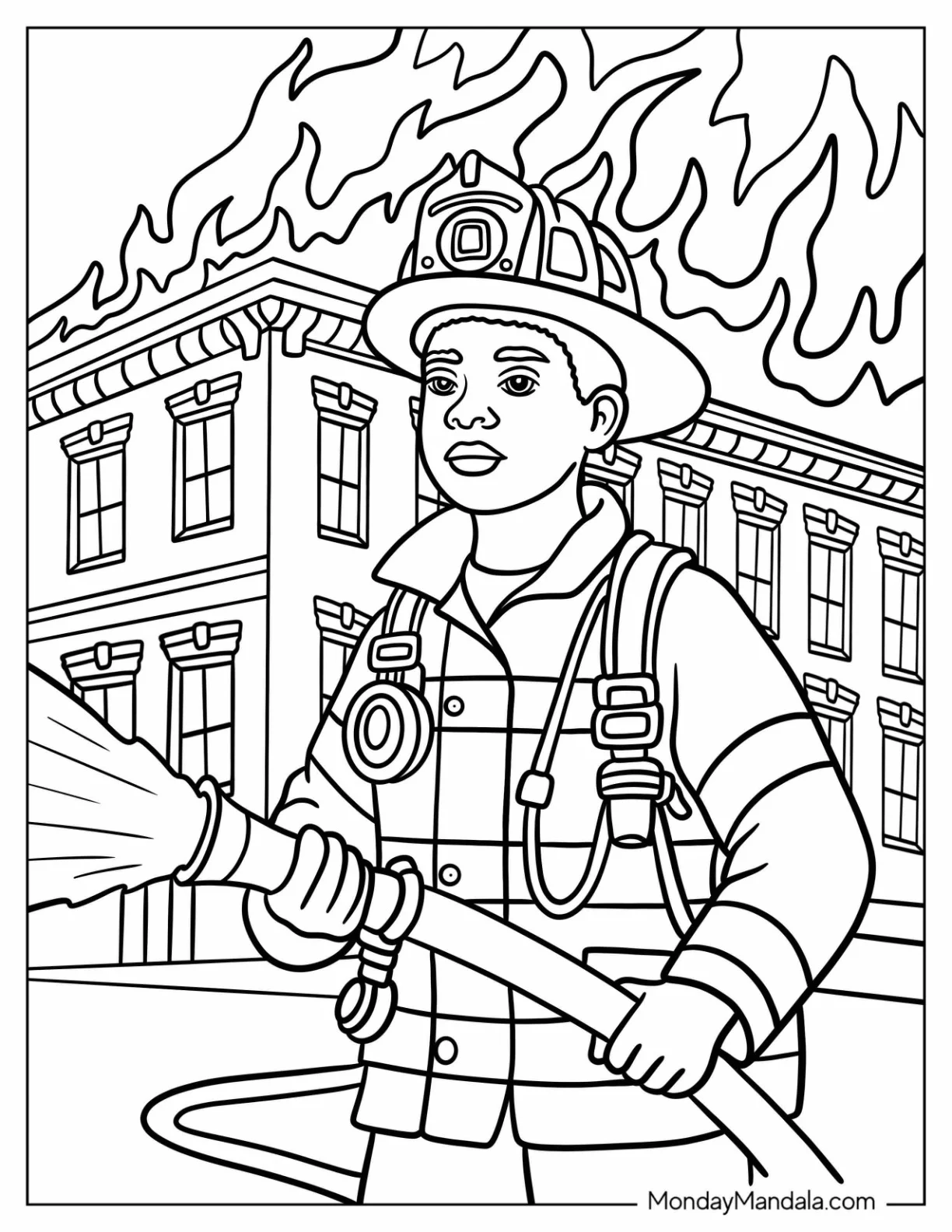Black Girl & Boy Coloring Page Firefighter Hosing Down Burning Building coloring page