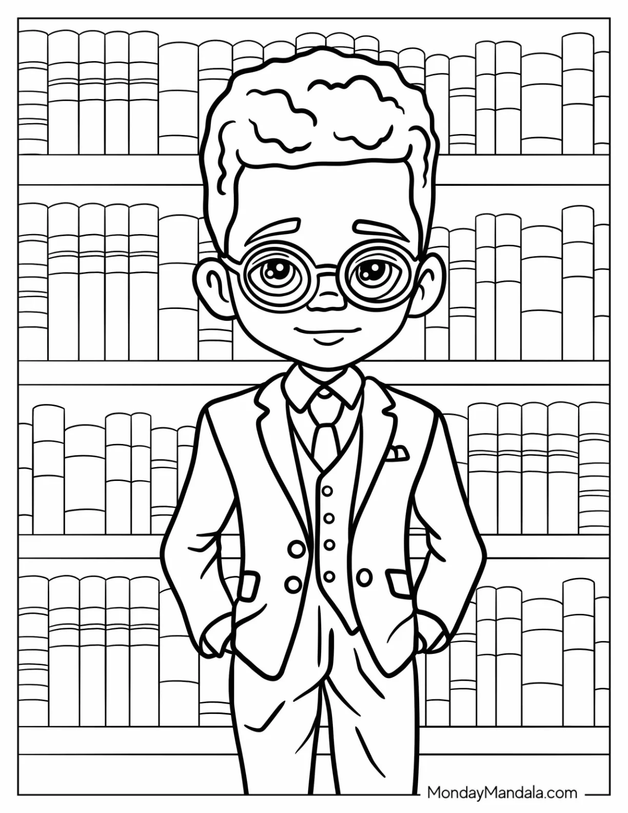 Black Girl & Boy Coloring Page In Eyeglasses And Suit For Kids coloring page — printable line art