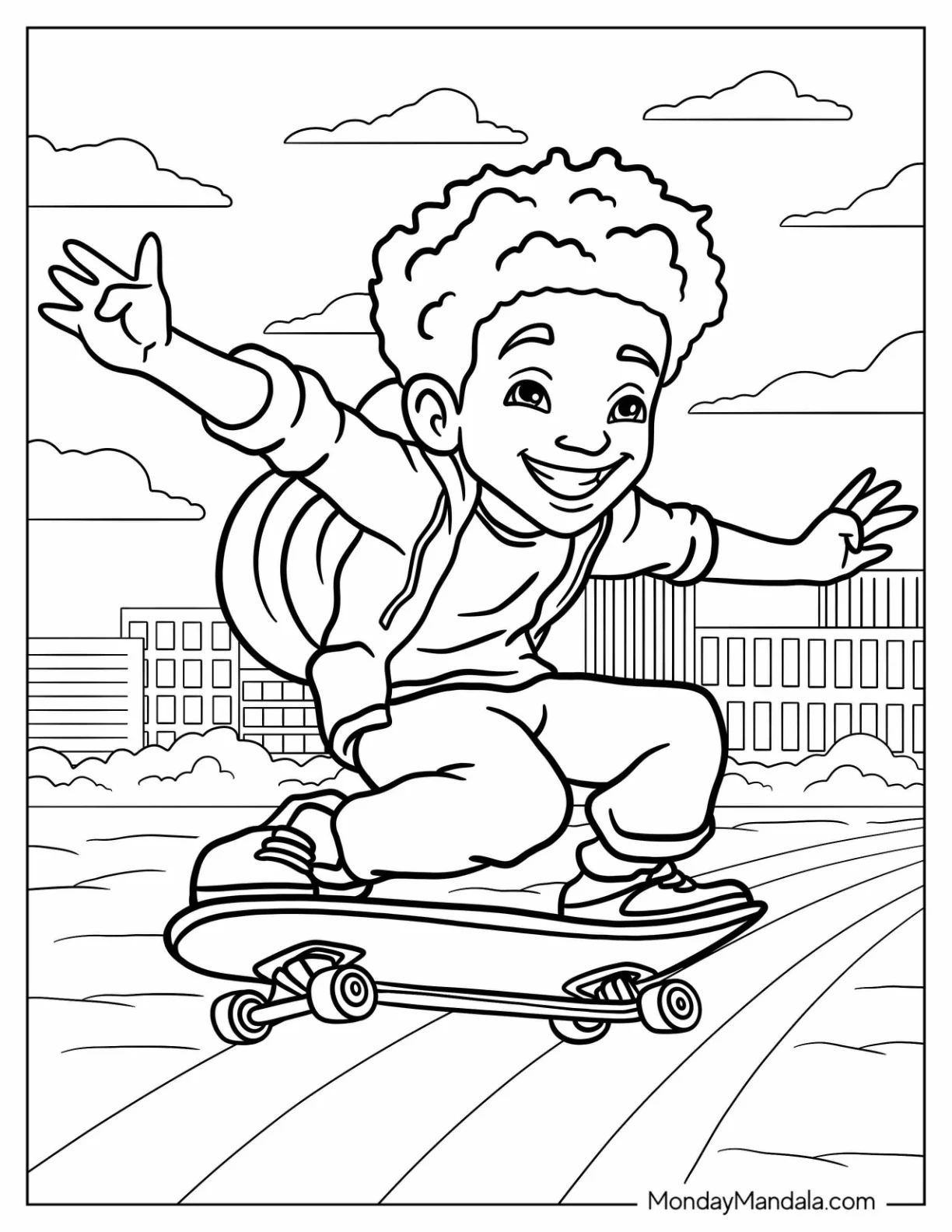 Black Girl & Boy Coloring Page Skateboarding In The City coloring page