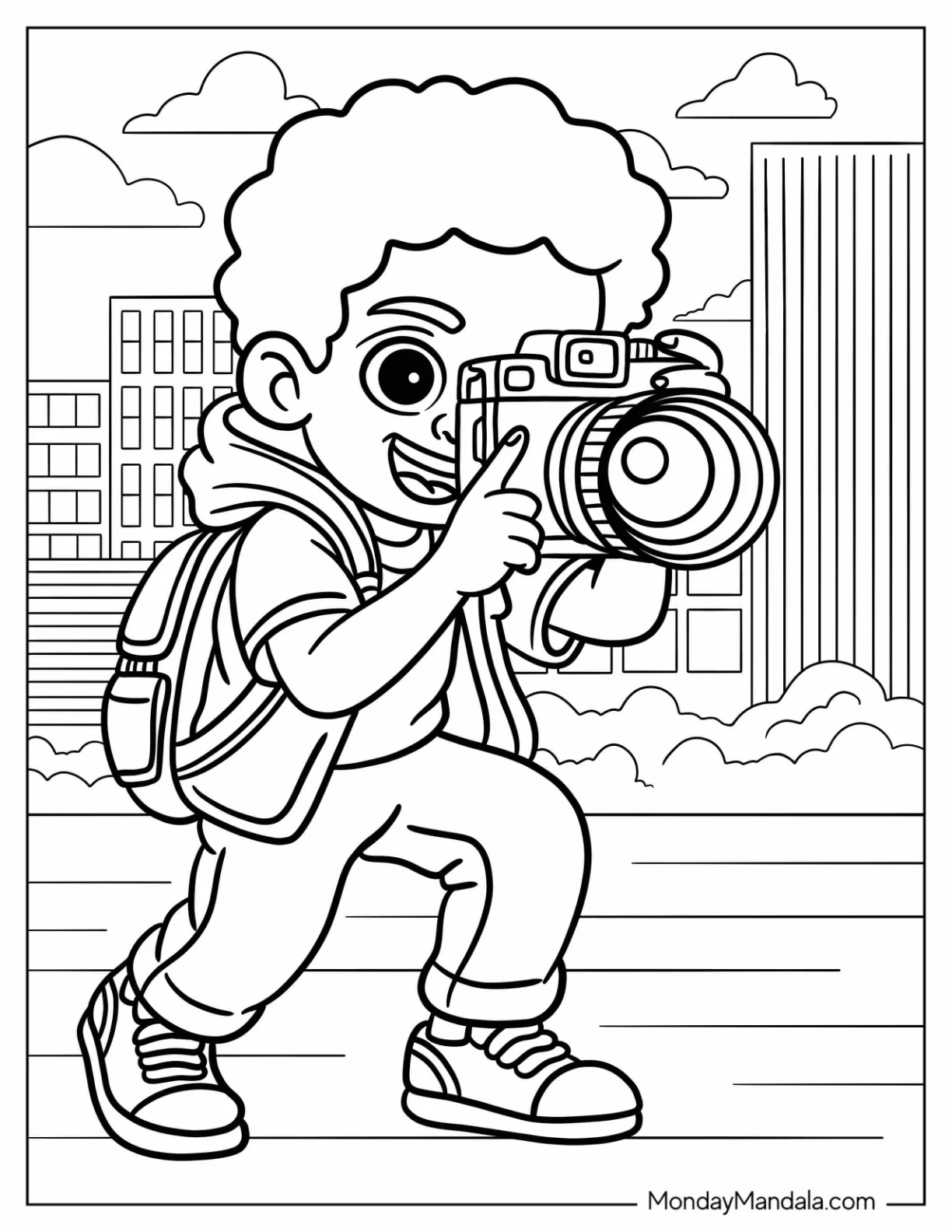 Black Girl & Boy Coloring Page Taking Photos in the City for Kids coloring page