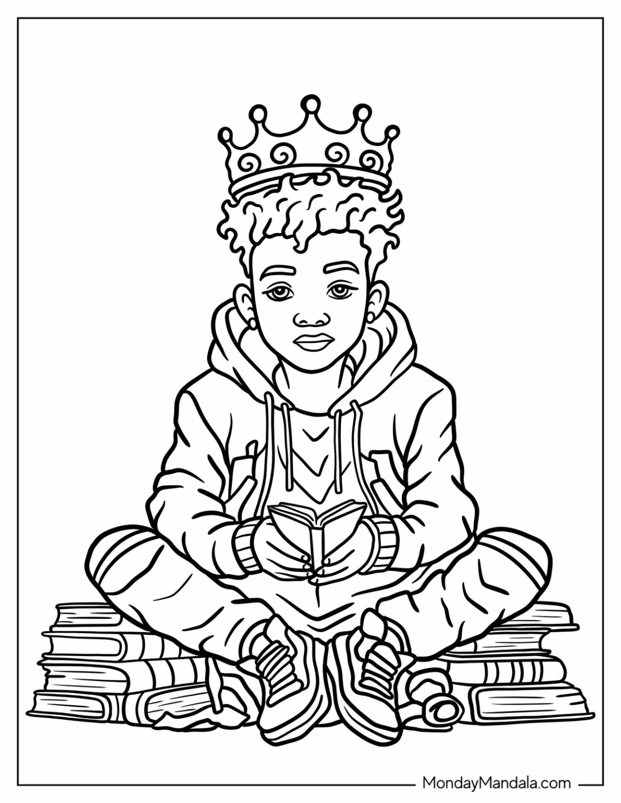 Black Girl & Boy Coloring Page Wearing A Crown While Reading A Book coloring page