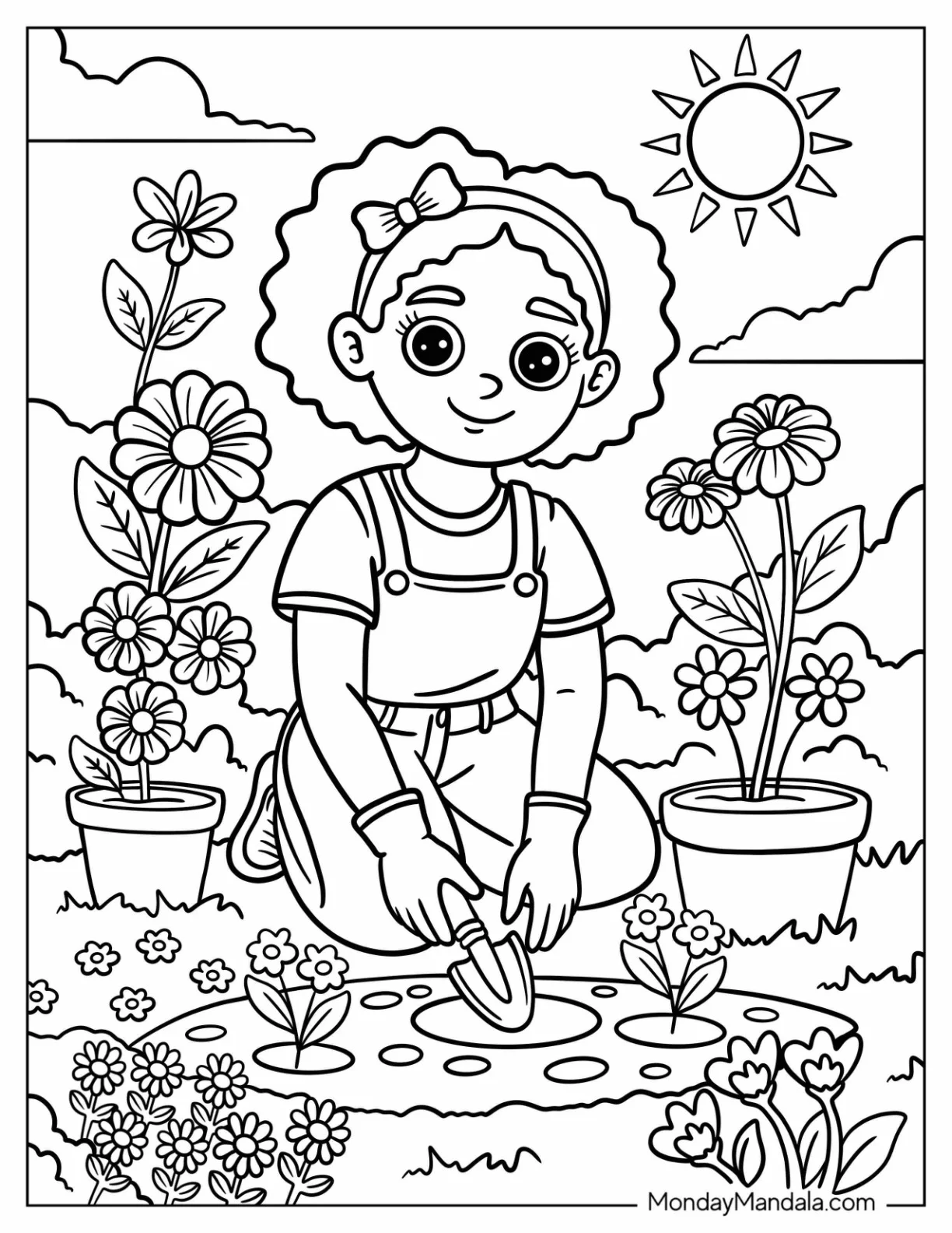 Cheerful Black Girl & Boy Coloring Page with Bow Gardening coloring page