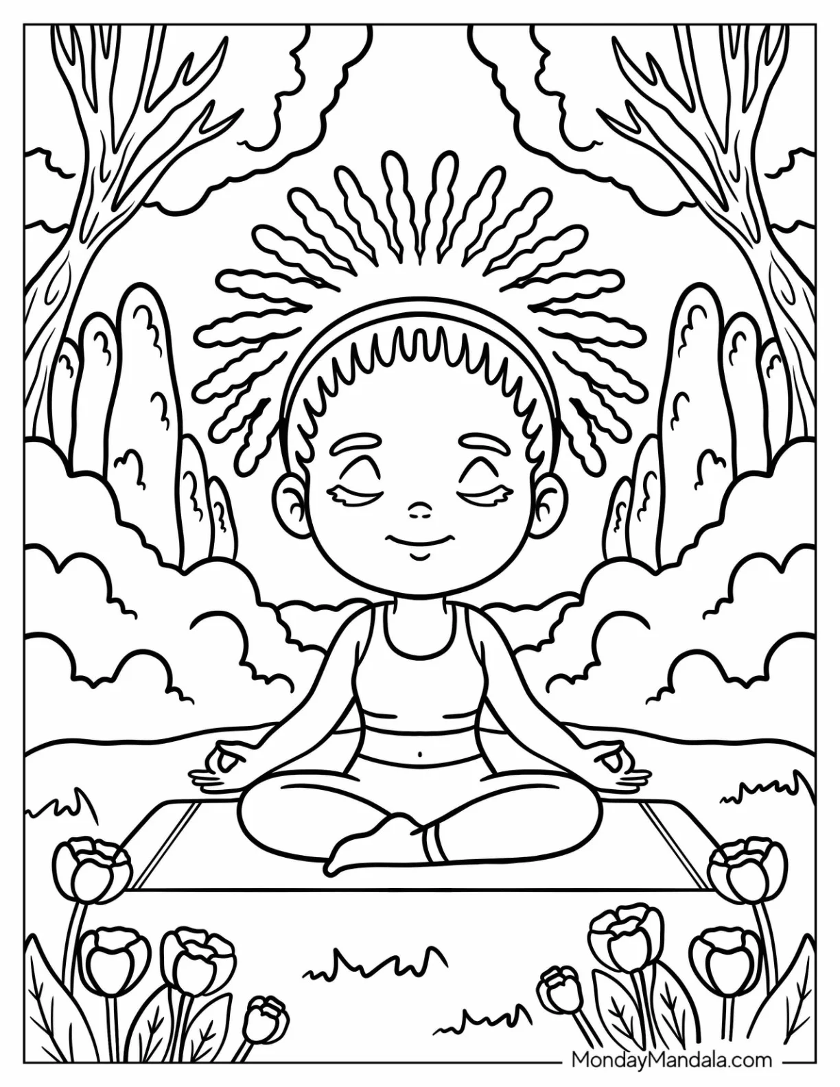 Chibi Black Girl & Boy Coloring Page Meditating in Nature for Kids coloring page