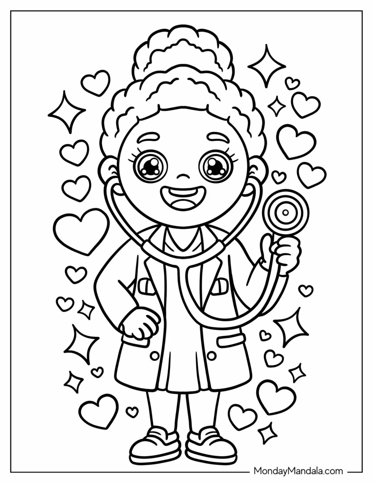 Doctor Black Girl & Boy Coloring Page Holding up a Stethoscope for Kids coloring page