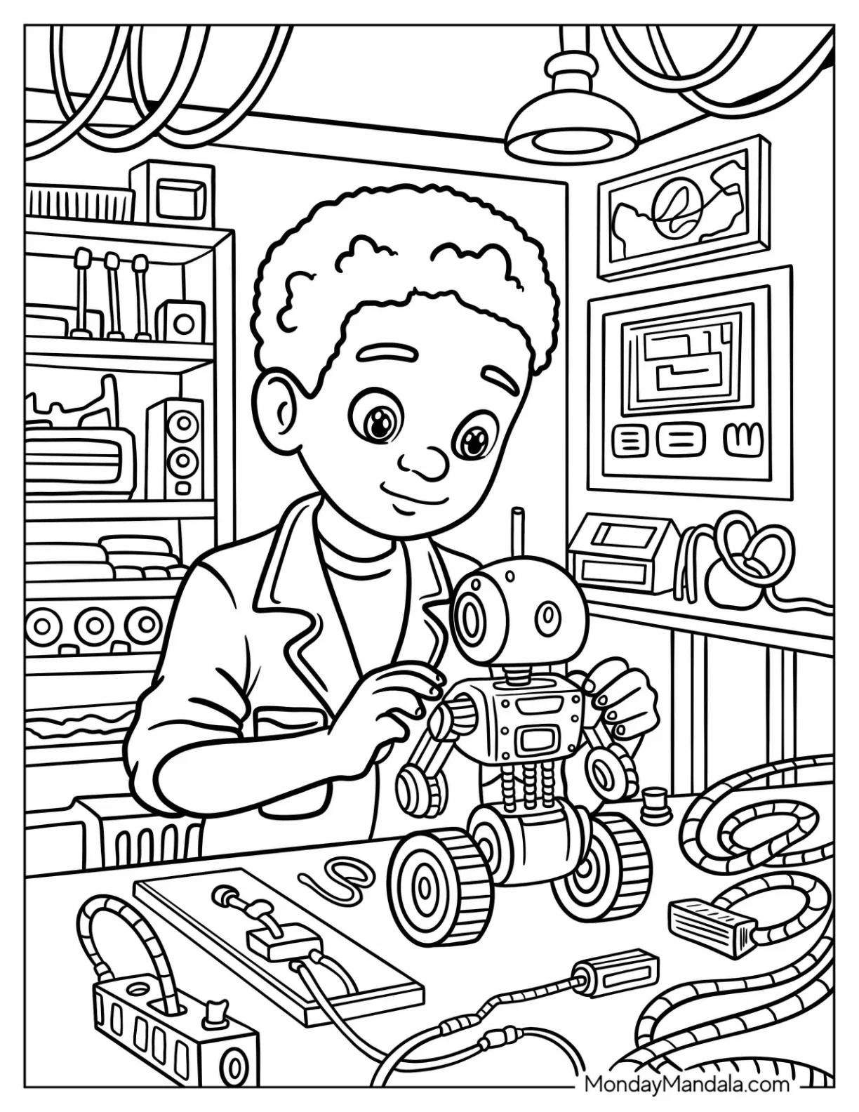 Genius Black Girl & Boy Coloring Page Building a Robot coloring page