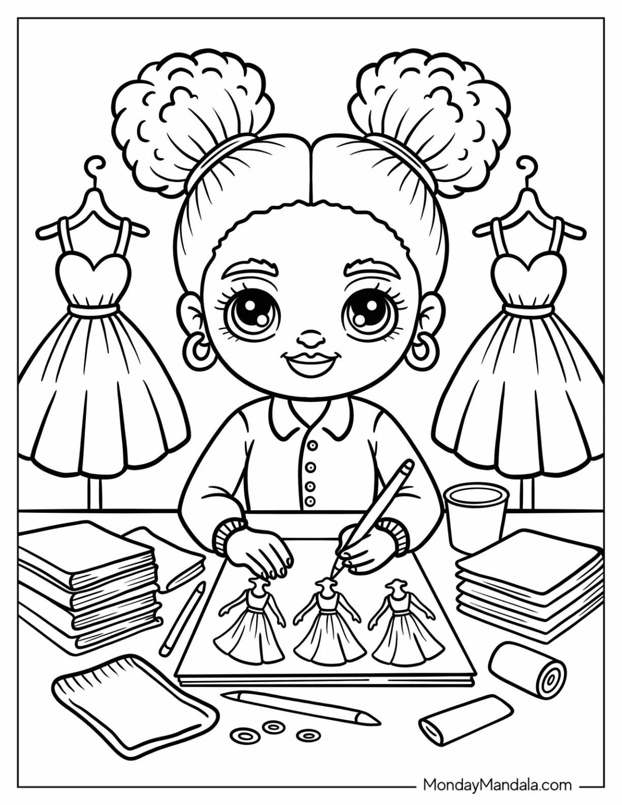Kawaii Black Girl & Boy Coloring Page Designing Dresses coloring page