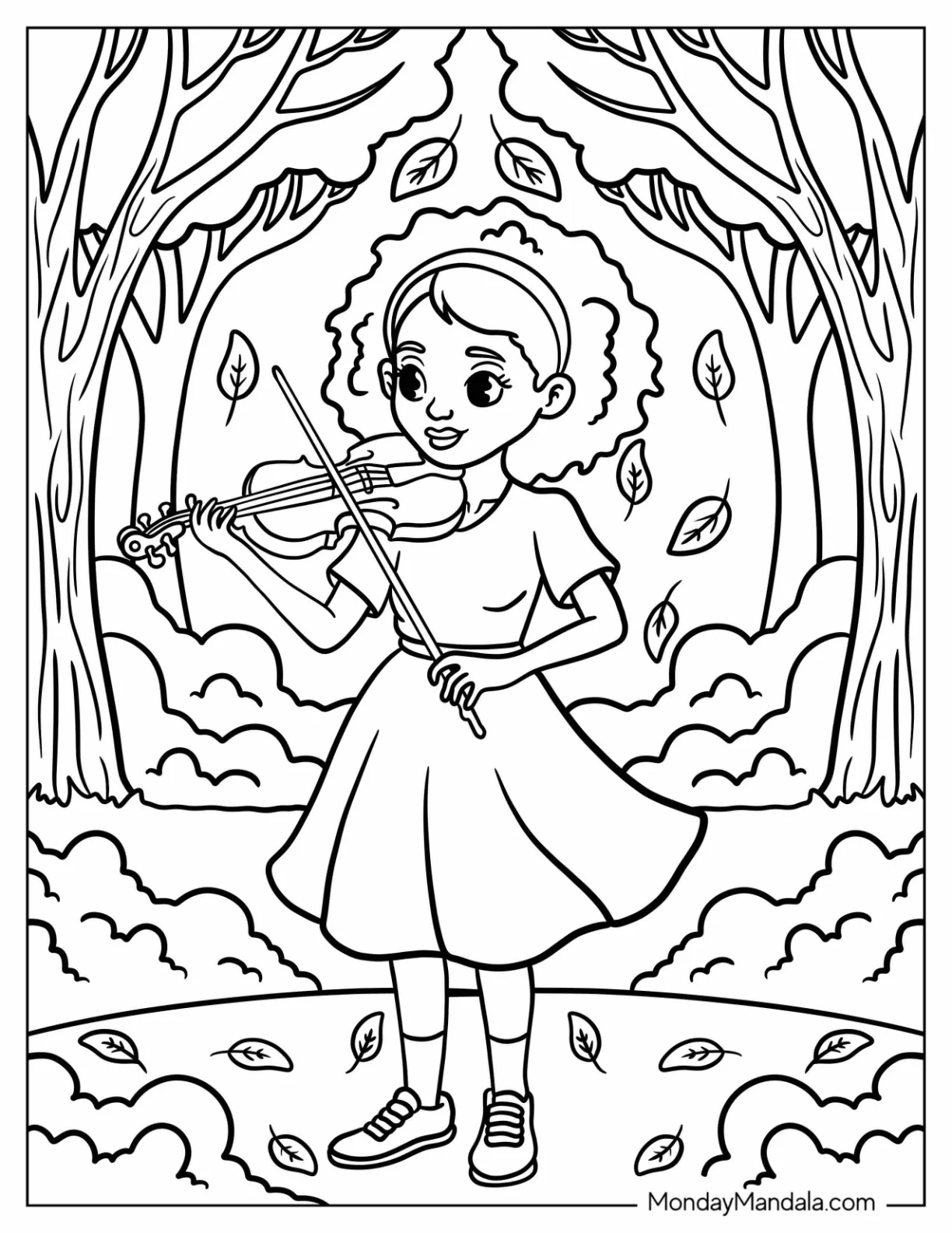 Musical Black Girl & Boy Coloring Page Playing the Violin in the Forest coloring page — printable line art