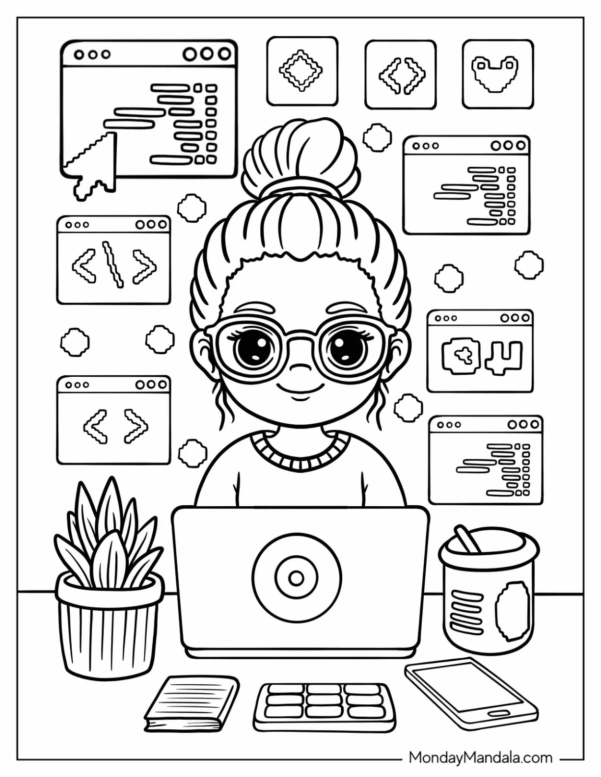Nerdy Black Girl & Boy Coloring Page Working on Her Computer for Kids coloring page — printable line art