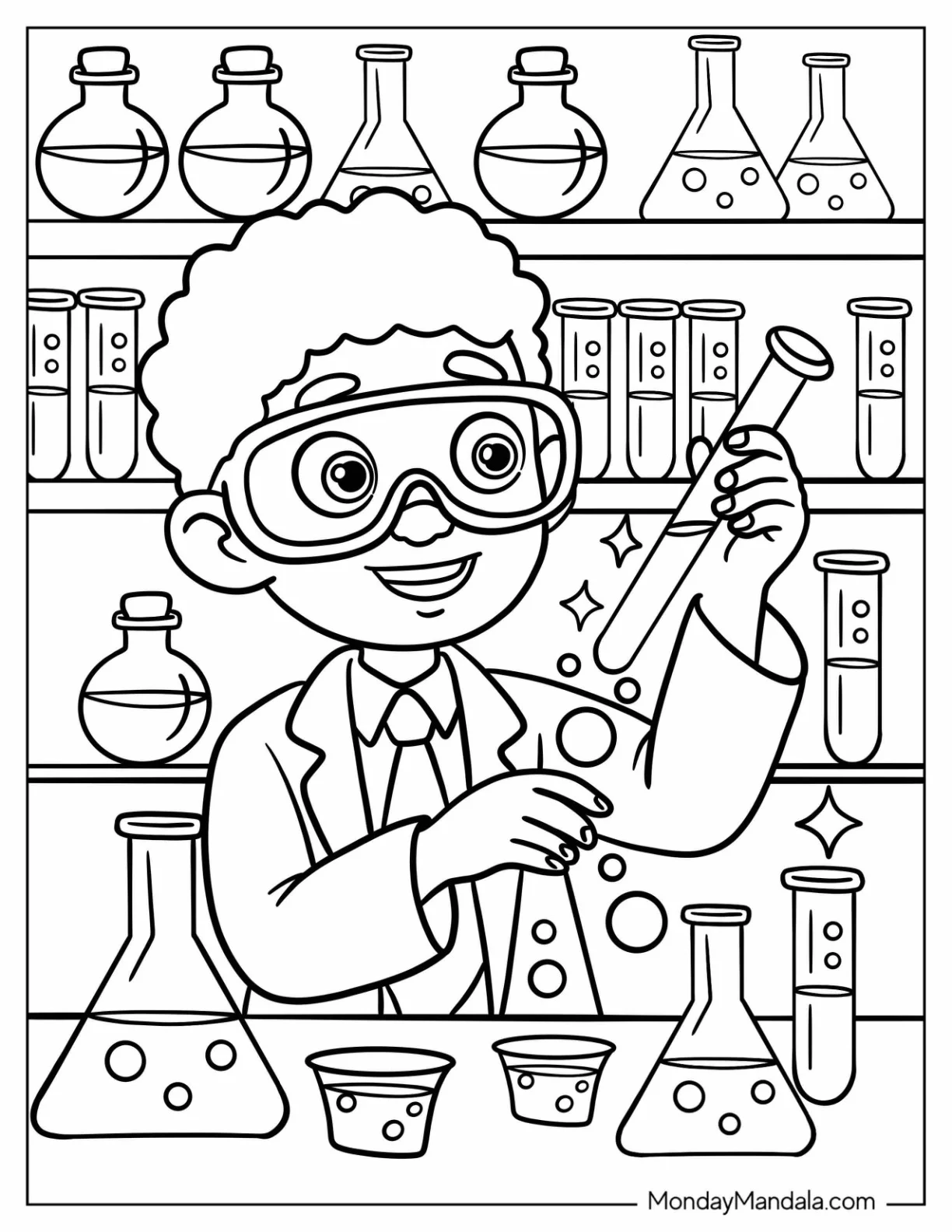 Scientist Black Girl & Boy Coloring Page Doing Experiments in a Laboratory coloring page