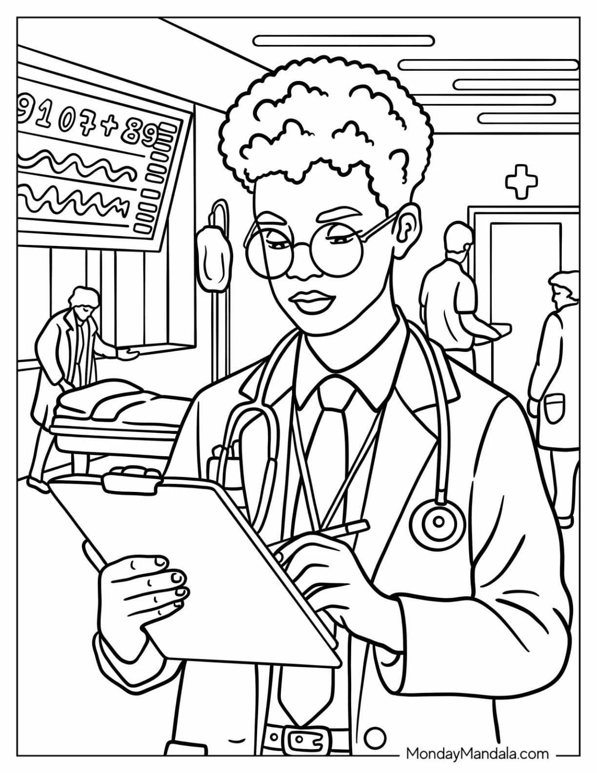 Serious Black Girl & Boy Coloring Page of Doctor in the Emergency Room coloring page — printable line art