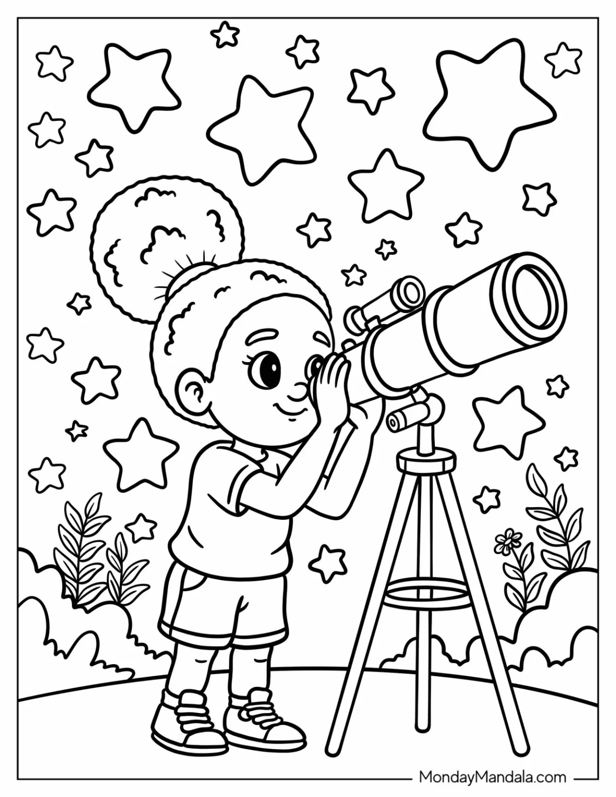 Smart Black Girl & Boy Coloring Page Looking Through a Telescope on Starry Night coloring page — printable line art