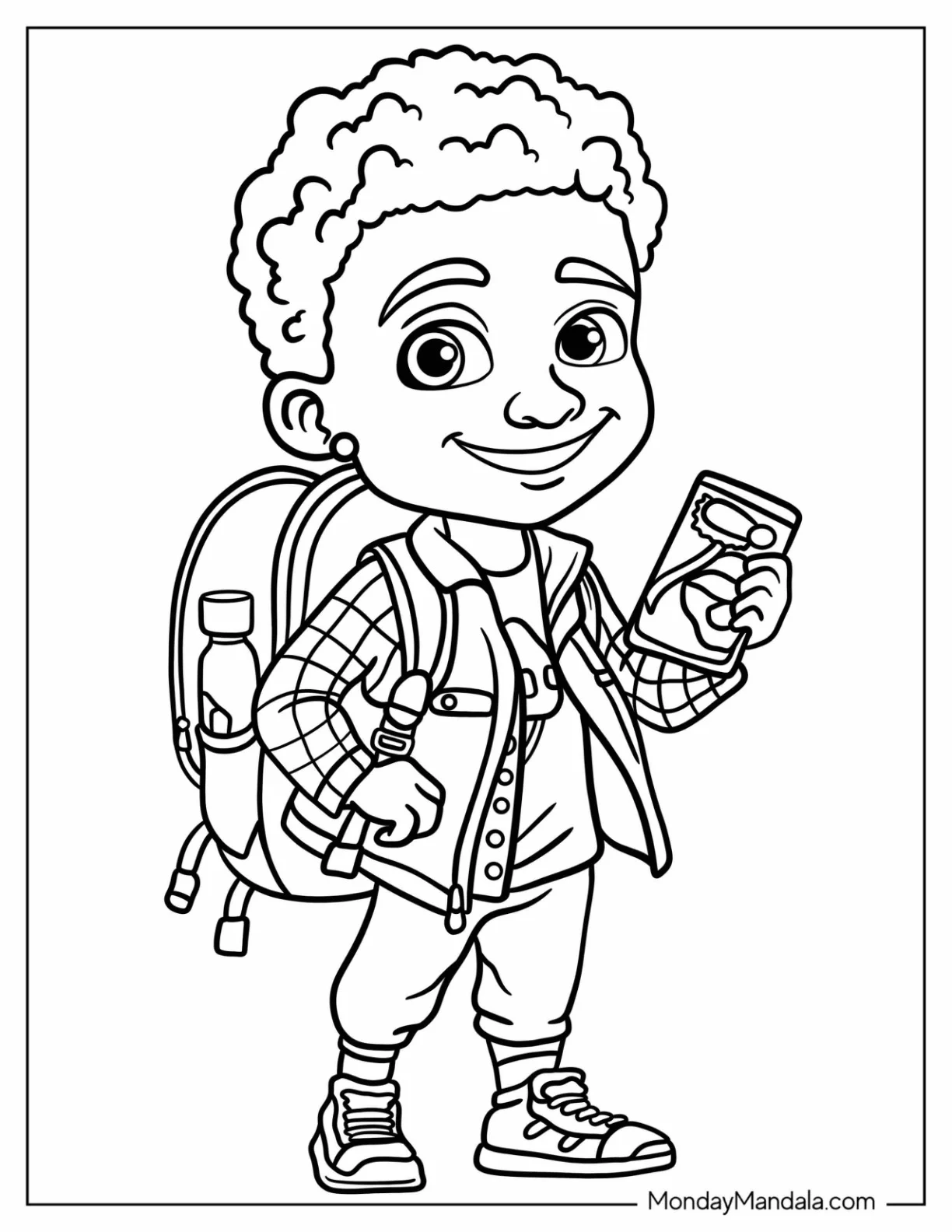 Smiling Black Girl & Boy Coloring Page In Trekking Outfit coloring page