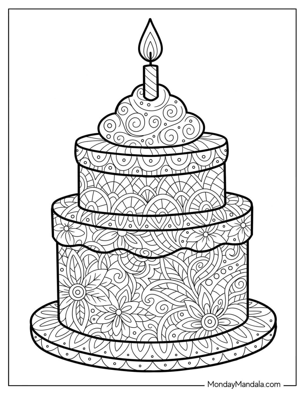 Birthday Cake Coloring Page Mandala with Single Candle coloring page
