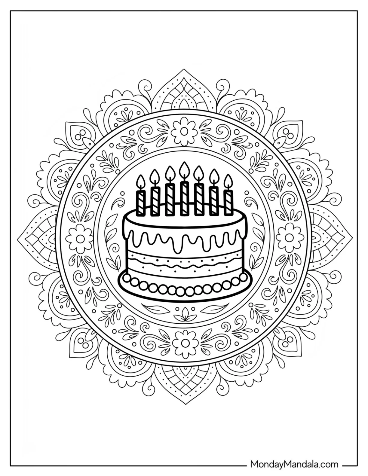 Birthday Cake Coloring Page with Candles Inside Floral Mandala coloring page