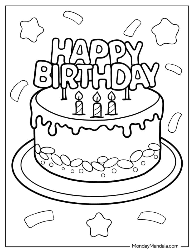 Cake With Happy Birthday Topper Coloring Sheet coloring page