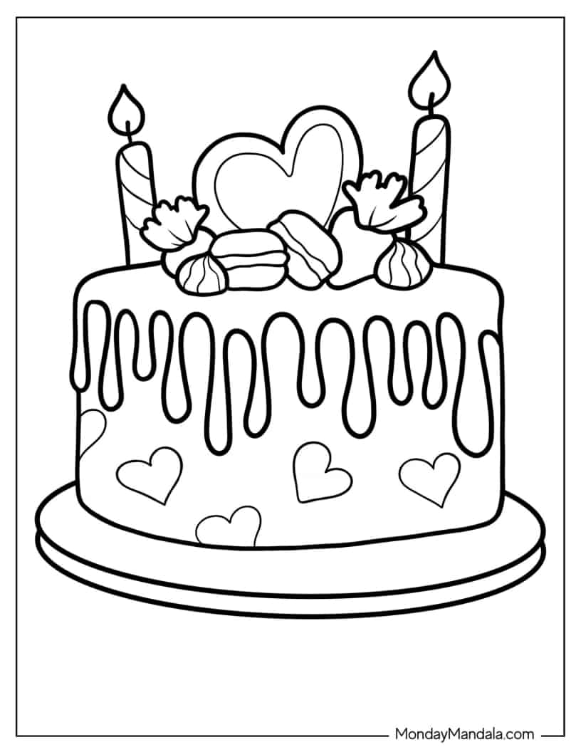 Cake With Maracons And Strawberries coloring page — printable line art