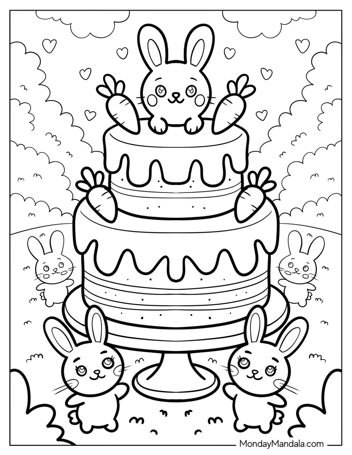 Carrot Cake Coloring Page with Tiny Rabbits in the Forest for Kids coloring page