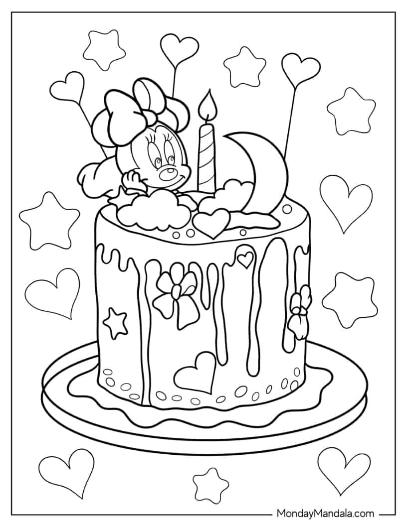 Coloring Sheet Of Minnie Mouse Birthday Cake coloring page