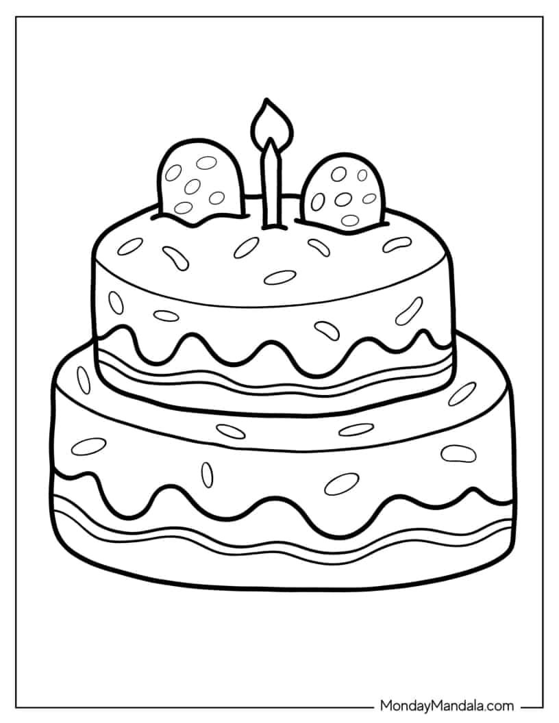 Cookie Birthday Cake With Candle Coloring Page For Kids coloring page