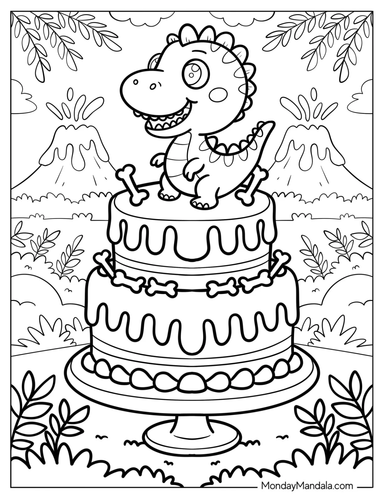 Dinosaur Cake Coloring Page with Bone Designs and Erupting Volcanoes in the Background for Kids coloring page